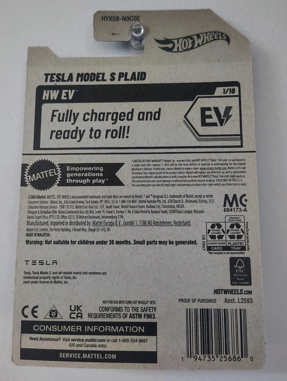 Tesla Model S Plaid Hot Wheels HW EV White 1/10 Diecast 2024